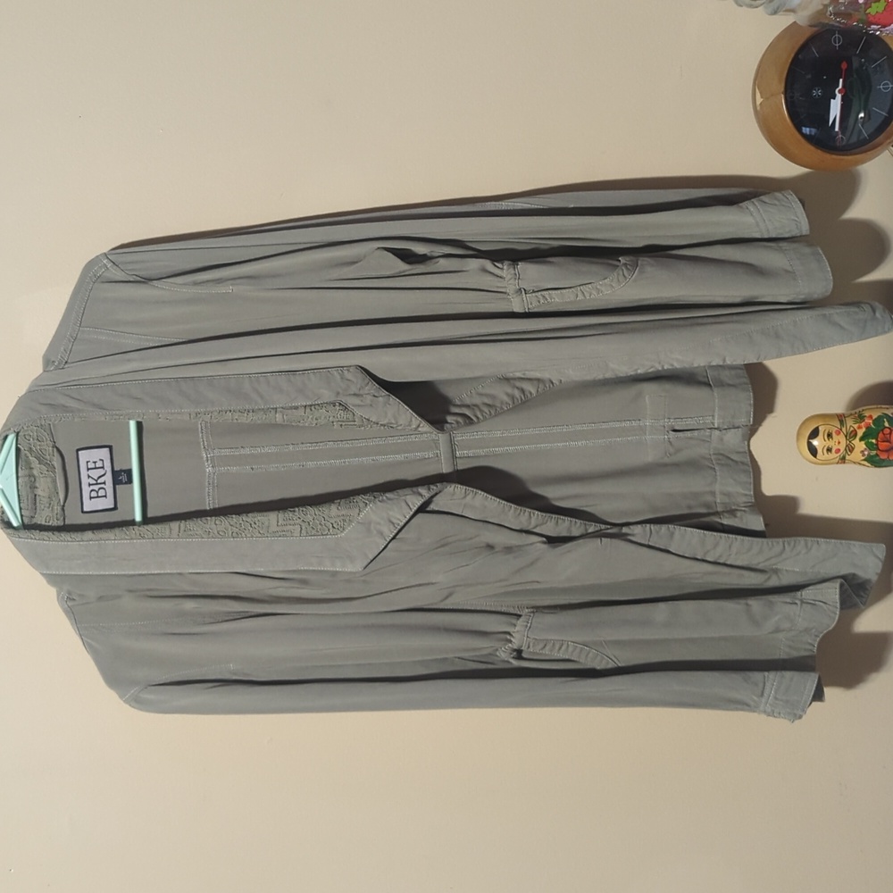 BKE olive army green open front lace crochet flyaway utility jacket Large